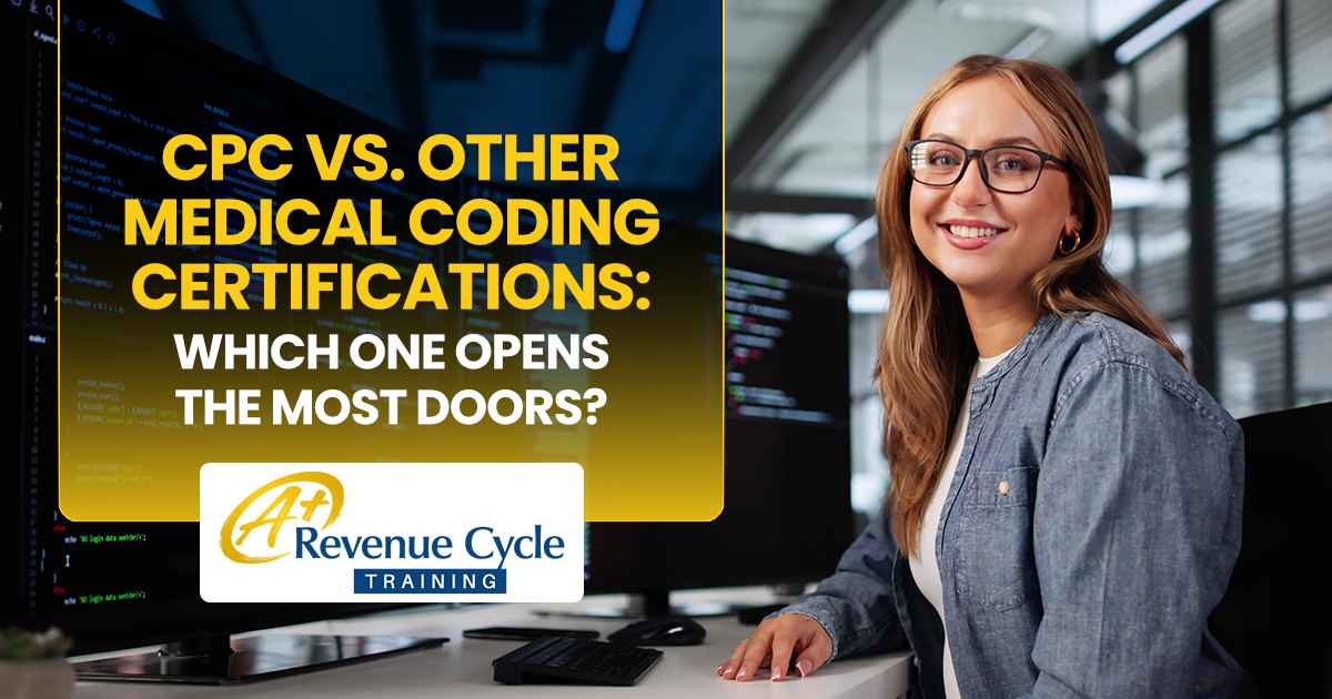 Image of a smiling female developer coding on multiple monitors, featuring A+ Revenue Cycle Training and highlighting the topic CPC vs. other medical coding certifications and which one offers the most career opportunities.